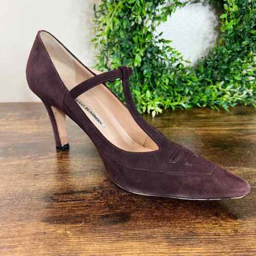 Manolo Blahnik Pumps 8.5 Brown Pointed Toe T-Strap Buckle Suede Stiletto Luxury - Picture 1 of 10