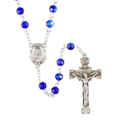 Creed Italian Rosary - Prague Collection Blue Glass Beads Sacred Heart Cntr 20''