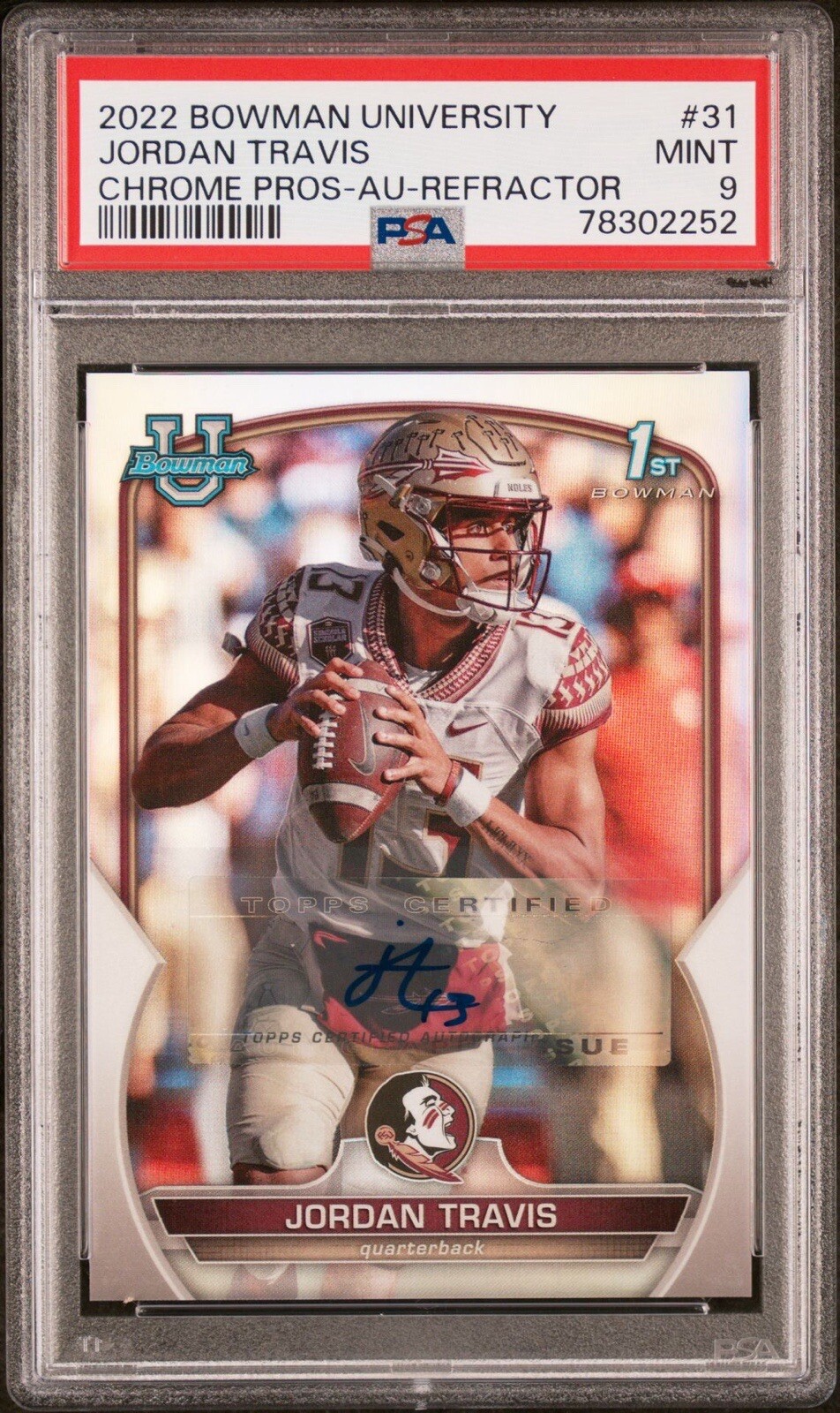 Jordan Travis - 2022 Bowman Chrome University Refractor Auto /499 PSA 9 Jets