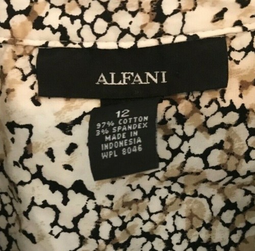 ALFANI GR. 12? BUTTN UP BLUSE SHIRT 3/4 SLV 97% BAUMWOLLE SCHWARZ BEIGE WEISS FÄLLT KLEIN AUS