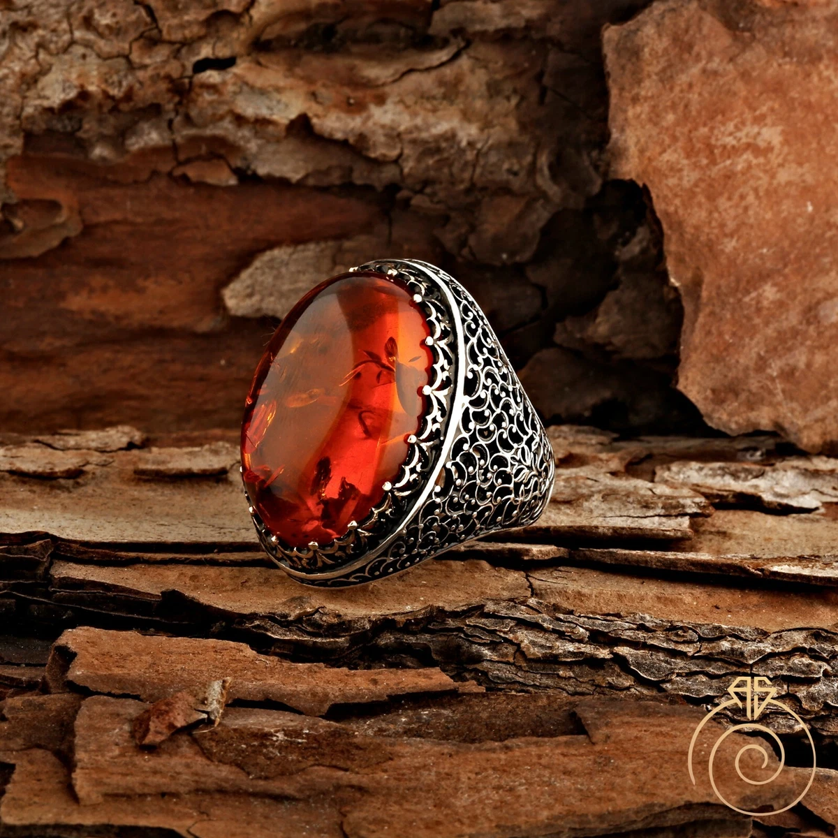 Mens Fire Amber Gemstone Big Rings For Men Unique Carved Silver