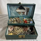 Vintage Jewelry Box Full of Costume Necklace Clip On Earrings Brooch Music Box