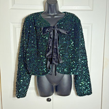 Avara Ashley Sequin Jacket Women XL Emerald Green Velvet Bow Tie Cropped Bolero