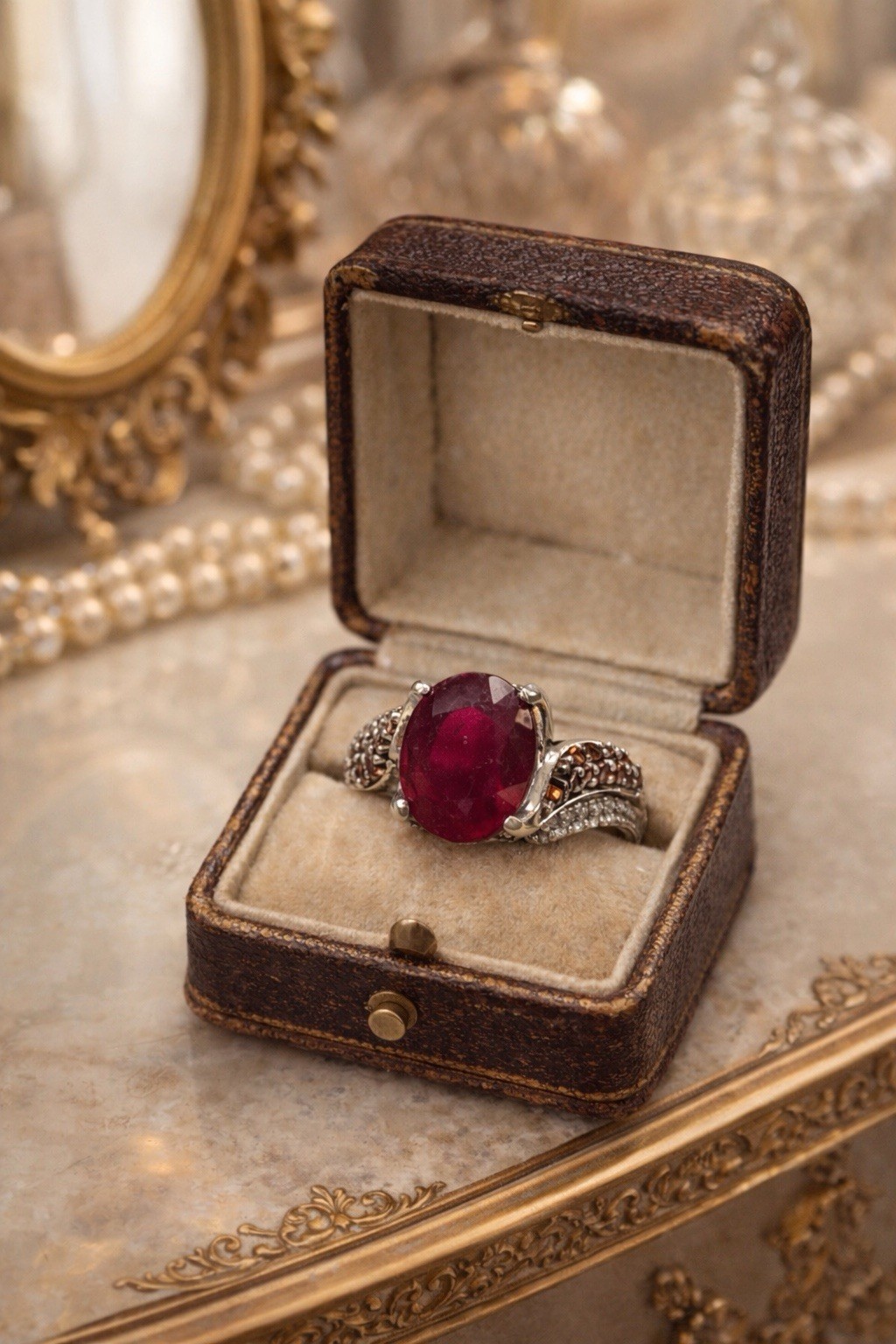 925 Vintage Oval Ruby Statement Ring with Pavé St… - image 1