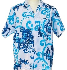 Vintage 70s Penneys Hawaii Blue Polyester Hawaiian Aloha Button Down Shirt M