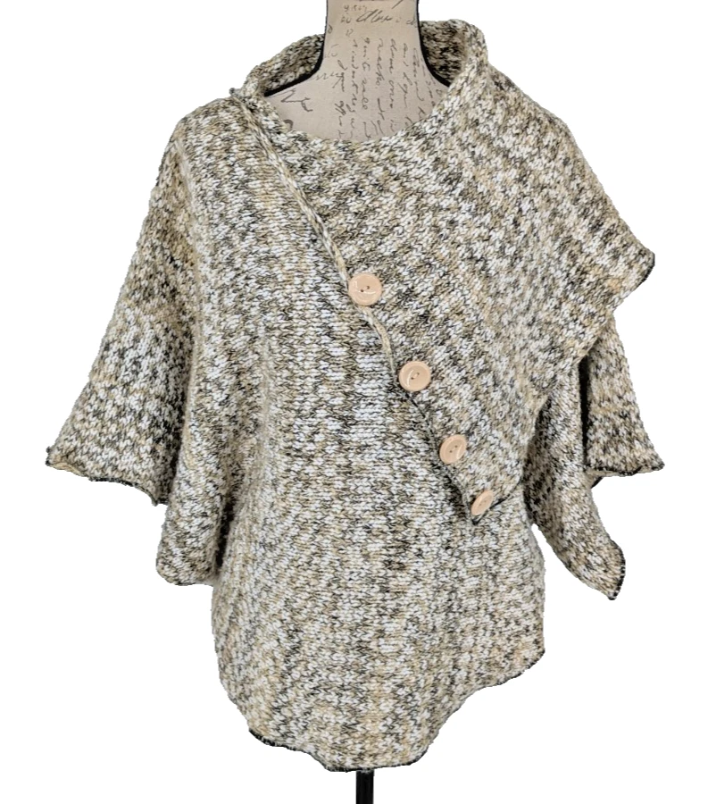 PAPILLON Womens Chunky Knit Sweater-LARGE-Tan Tweed-Lagen Look-Poncho-Wrap