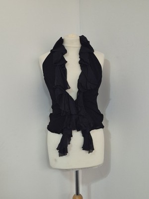 Rare Roberto Cavalli Black Ruffle Halter Top  UK10 Silk Designer Y2K Vintage