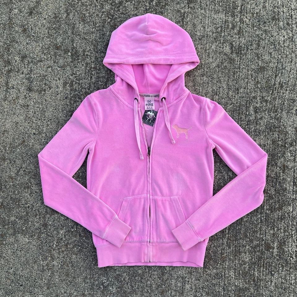 Suéter con Capucha de Terciopelo con Cremallera ROSA Brillante ROSA Victoria's Secret De Colección Talla XS o S Foto 3 de 4