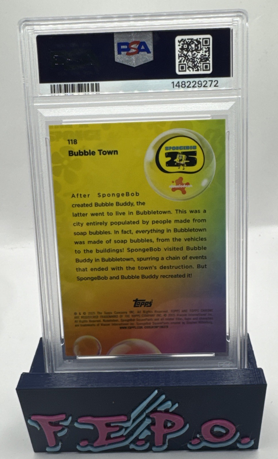 2025 Topps Chrome Orange Sapphire  Spongebob’s Bubble Town 14/25 PSA 8 view 2