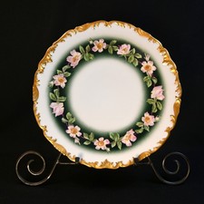Limoges T&V Plate Pink Wild Rose Garland on Dark Green w/Heavy Gold 1892-1907