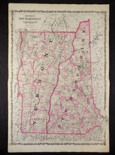 1863 CIVIL WAR MAP OF VERMONT & NEW HAMPSHIRE JOHNSON'S  ATLAS, w/ C.O.A. ORIG. 