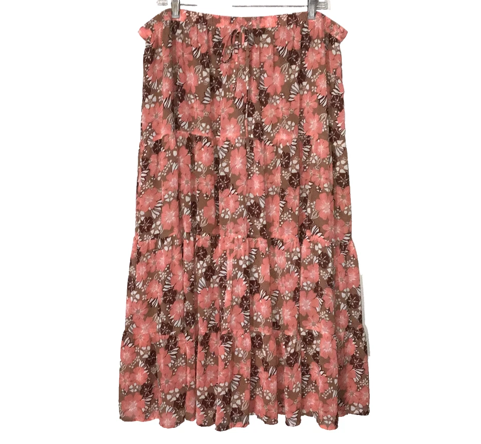 Aerie Womens Pink Floral Tiered Maxi Skirt Elastic Waist 36" Long Size 2XL - Image 2 of 4