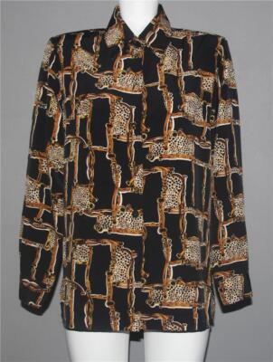 VTG Beverly Rose Equestrian Belts Leopard Print Button L/S Blouse Wm's Pet M/L