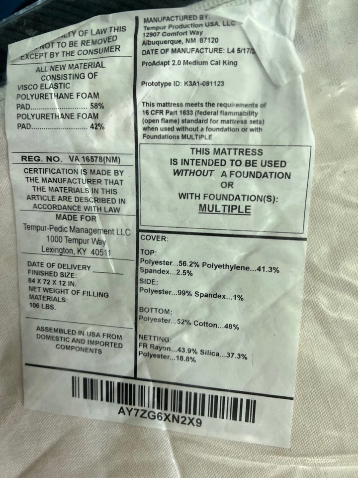 TempurPedic PRO ADAPT MEDIUM 2.0 MEDIUM CALIFORNIA KING MATTRESS NEW CLEARANCE - Image 4 of 4