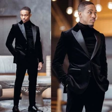 Black Men's Suit Velvet Wedding Party Groom Peak Lapel Business Wear Coat Pant