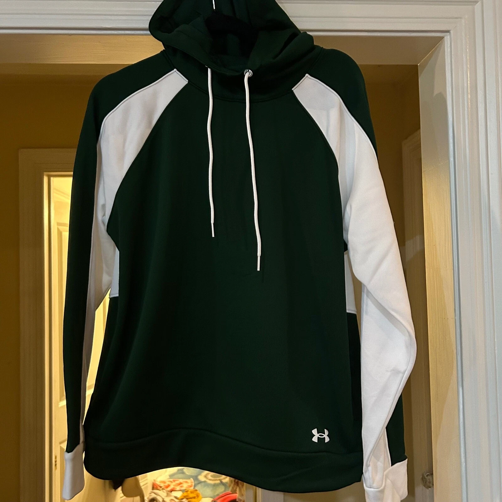 COACH Under Armour Felpa con Cappuccio Pullover Athletic Warm Up Activewear Verde Bianco Taglia L