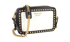 PRADA Leather Shoulder Mini Hand Bag White Black GOLD RIVETS New