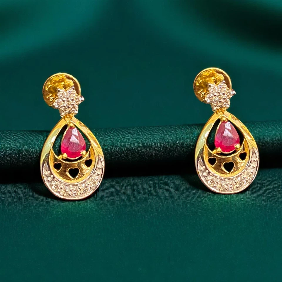 1 Carats F/VS1 Round Brilliant Cut Diamonds Ruby Dangle Earrings 14K Yellow Gold - Image 2 of 4
