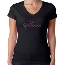 Womens T-Shirt Rhinestone Bling Black Fitted Tee Bride Script Pink Sparkle
