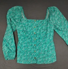 H Halston Poplin Blouse Stretch Square Neck Atlantis Blue Women's Size S Petites