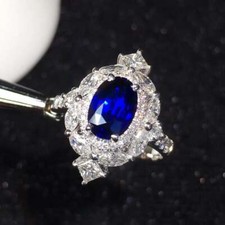Dark Royal Blue 1.76CT Sapphire With Multi Shape 2.43CT CZ Engagement Women Ring