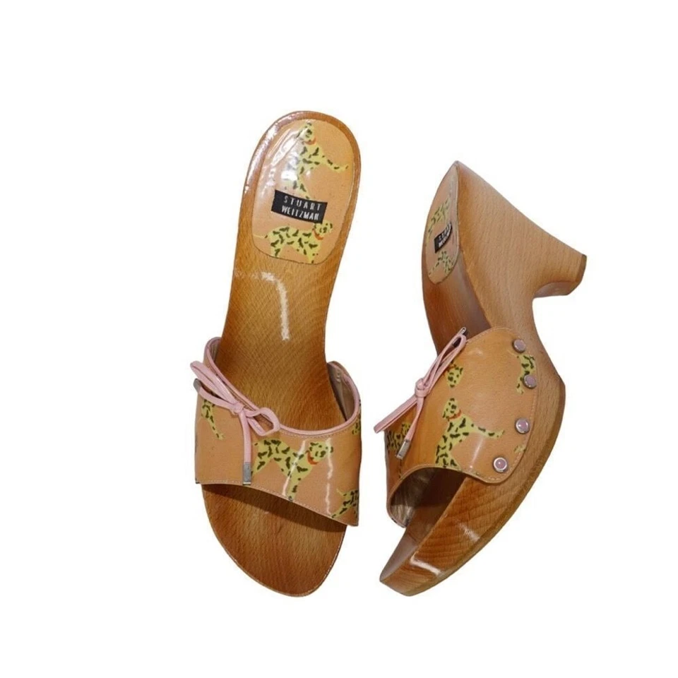 Stuart Weitzman Dalmation Dog Wooden Platform Wedge Sandals, Size 7 - Image 2 of 4