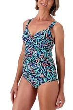 Lands' End V-Neck Wrap Underwire Tankini Top Navy Leaves