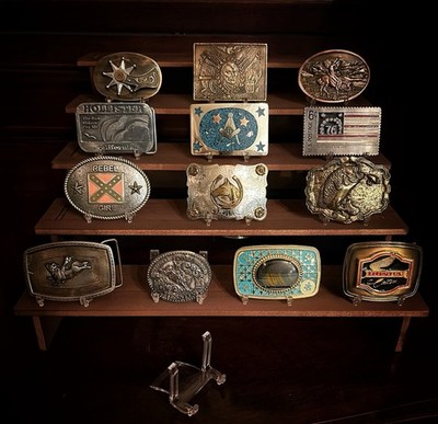 Belt Buckle Lot of 13 Includes Wooden Display Stand and Acrylic Display Stands