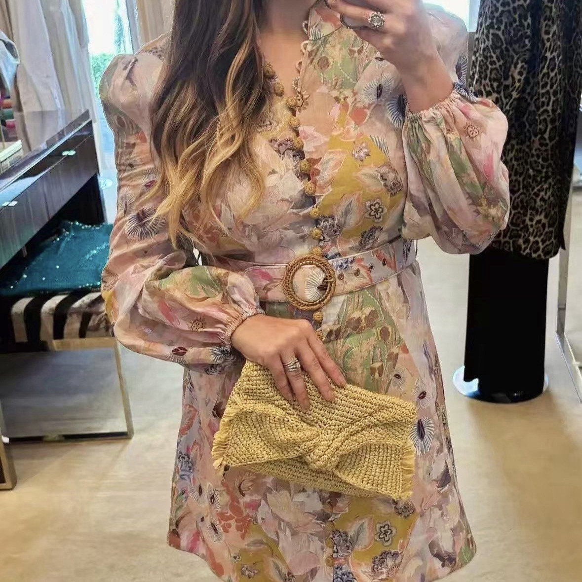 NWOT $950 Zimmermann Illustration Buttoned Belted Floral Linen Mini Dress  AU0 XS