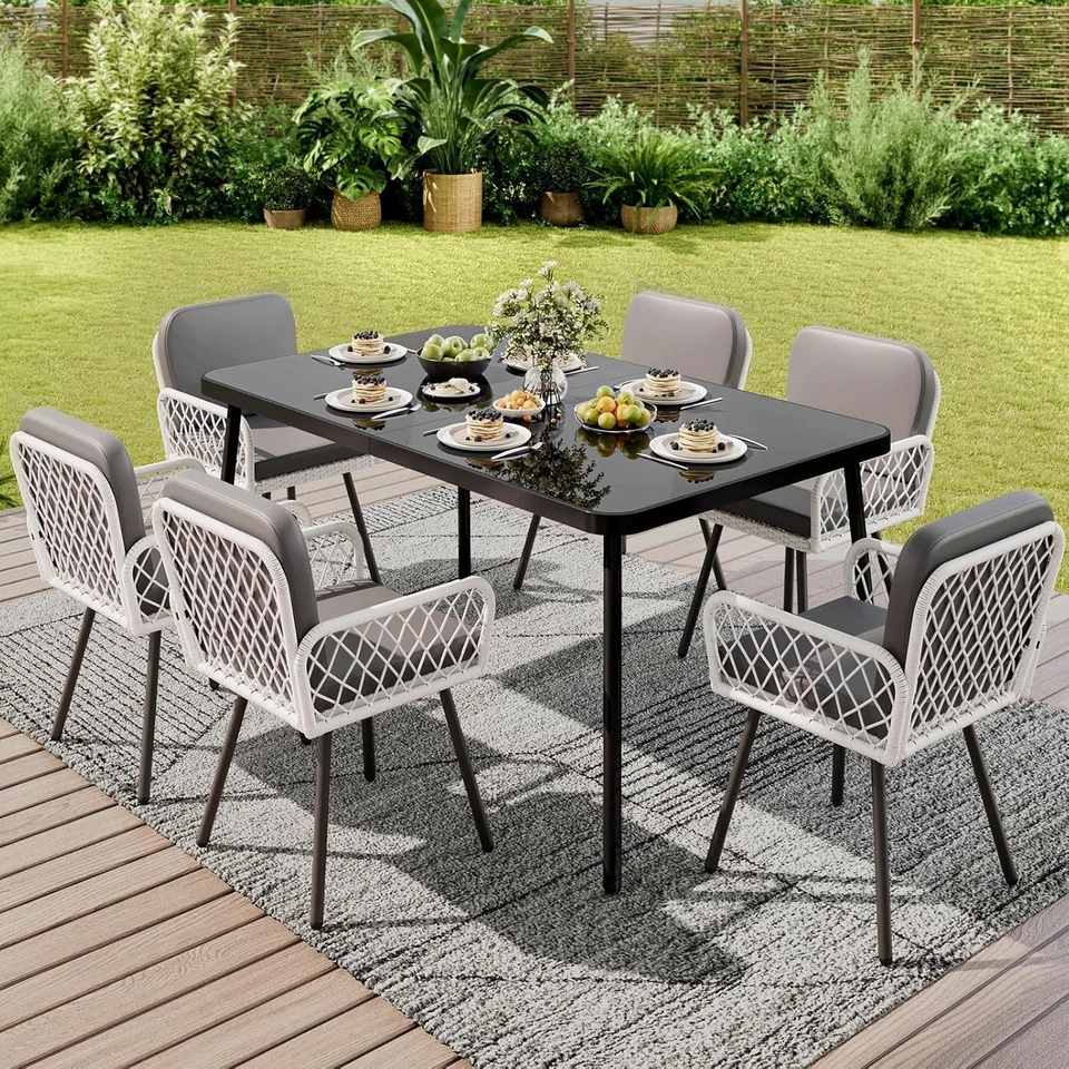 Mesa de comedor de patio de vidrio templado de 59", marco de metal, patio trasero porche para 4-6 personas Foto 4 de 4