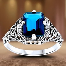 GENUINE LONDON BLUE TOPAZ 925 SOLID STERLING SILVER DECO ANTIQUE STYLE RING 045