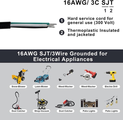 6FT 16AWG Power Cord 3 Prong Open Wiring End, Heavy Duty Replacement Black - Picture 4 of 7