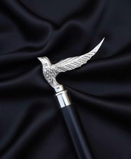Handcrafted Solid Wood Walking Stick Elegant Silver-Tone Bird Handle Cane