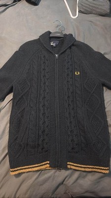 Fred Perry Black Cable Knit Cardigan Mens S Full Zip Shawl Collar Mod