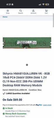 SK hynix 16GB (2x8GB) DDR4 PC4-2400T 288-Pin DIMM Non-ECC Unbuf