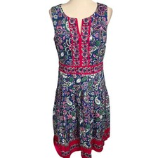 Talbots Dress Womens 8 Blue Pink Paisley Fit Flare Summer Cotton Boho Garden