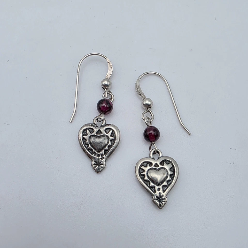 SILPADA Garnet Heart Earrings 925 Sterling Silver Etched Dangle Drop W0953 - Image 3 of 4