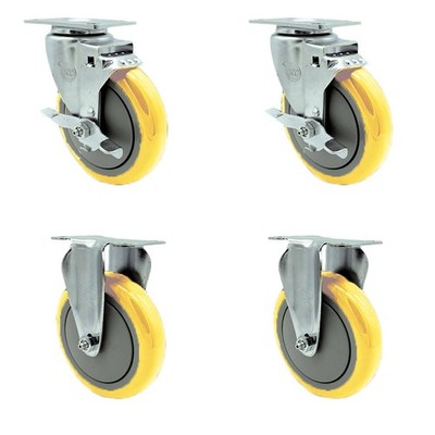 5 Inch Yellow Polyurethane Swivel Top Plate Caster Set with 2 Brakes 2 Rigid SCC