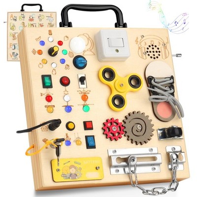 Wooden Busy Board with LED Light，Montessori Baby Learning Toys for Toddlers , Se
