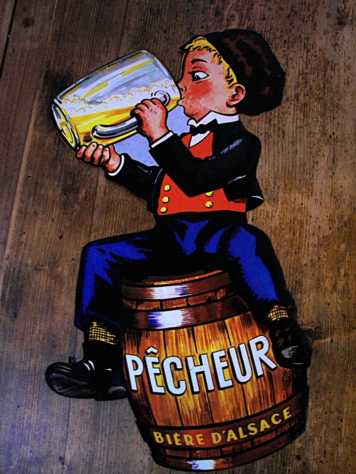 Rare Plaque Pub Tôle PECHEUR BIERE d'ALSACE 1950 Beer Ad Tin Sign Werbeschild #3 - Photo 3/4