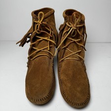 Minnetonka Fringe Moccasin Boots Women 9 Brown Suede Leather Casual Boho Hippie