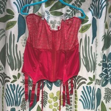 Coquette Women's Size 3XL/4XL Red Floral Lace Up Boned Corset With Garter Clips