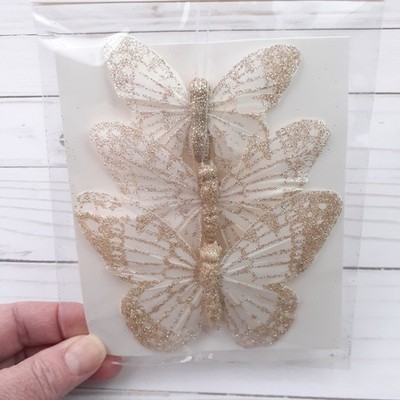Feather Butterfly Floral Wreath Bouquet Decor White Gold Glitter 3 pc