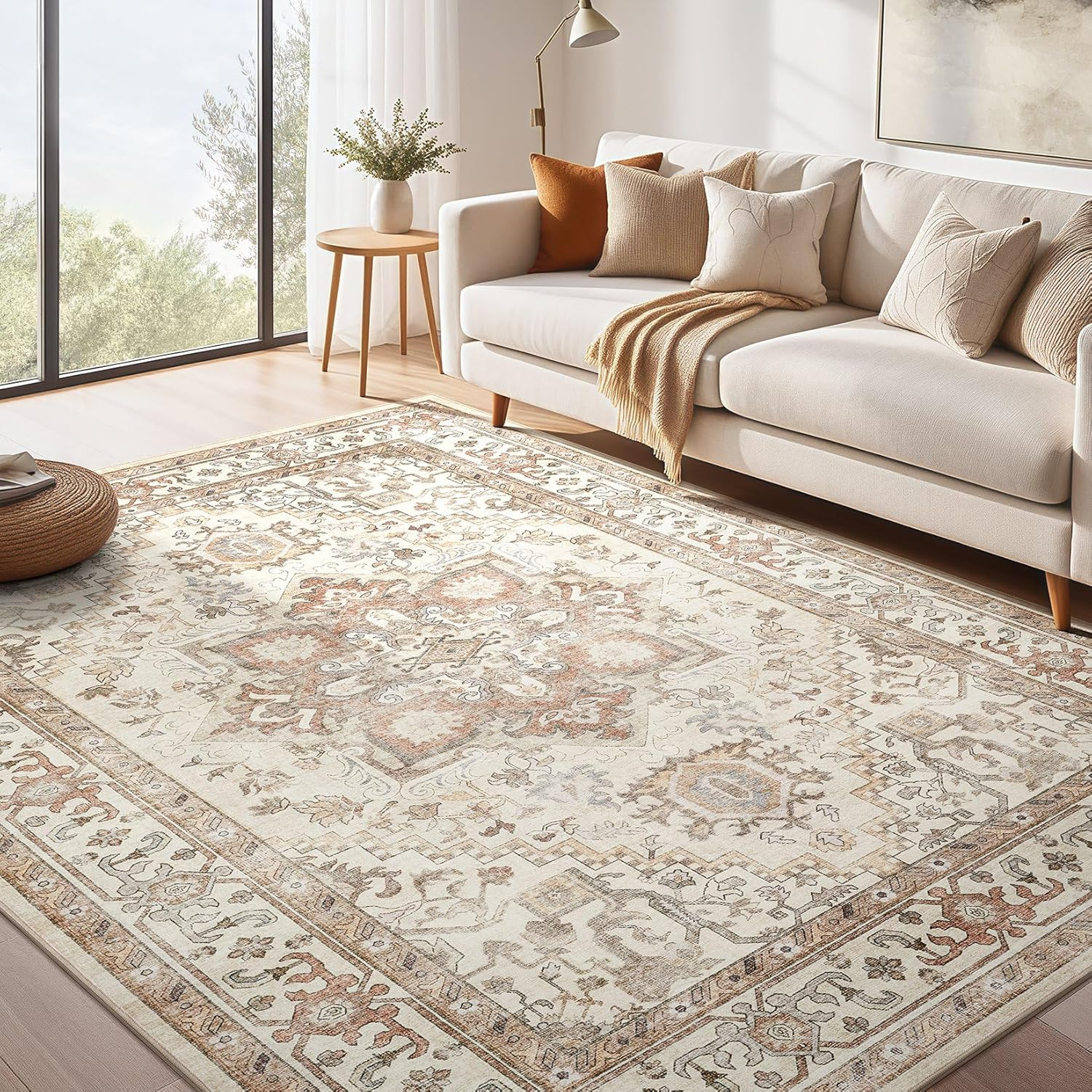 Washable Rug 8X10 Area Rugs: Boho Vintage Distressed Oriental Medallion Neutral