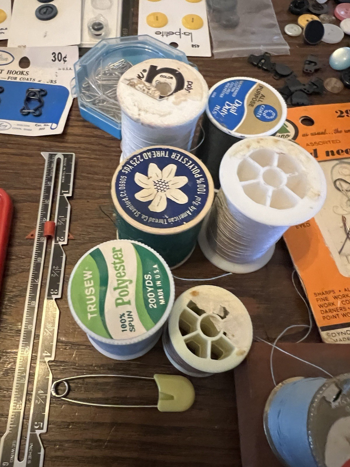 Vintage Sewing Supplies Notions Lot Needles Thread Buttons Hooks Ribbon & More