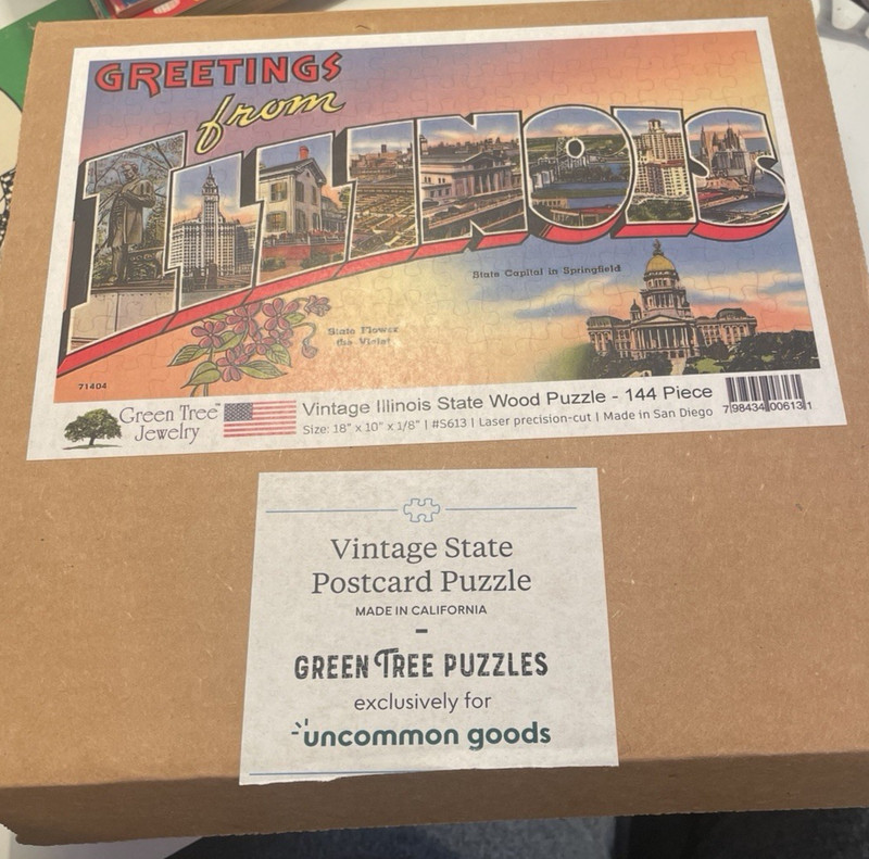Greetings from Illinois State Postcard Puzzle Green Tree Wooden 144 pieces