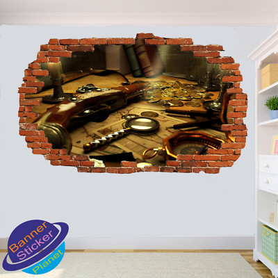 PIRATE TREASURE HUNT PISTOL MAP WALL STICKERS 3D ART POSTER  MURAL DECAL VJ2