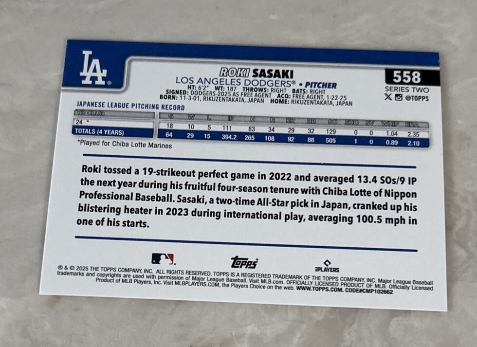 2025 Topps Series 2 Roki Sasaki Rookie #558 LA Dodgers | eBay