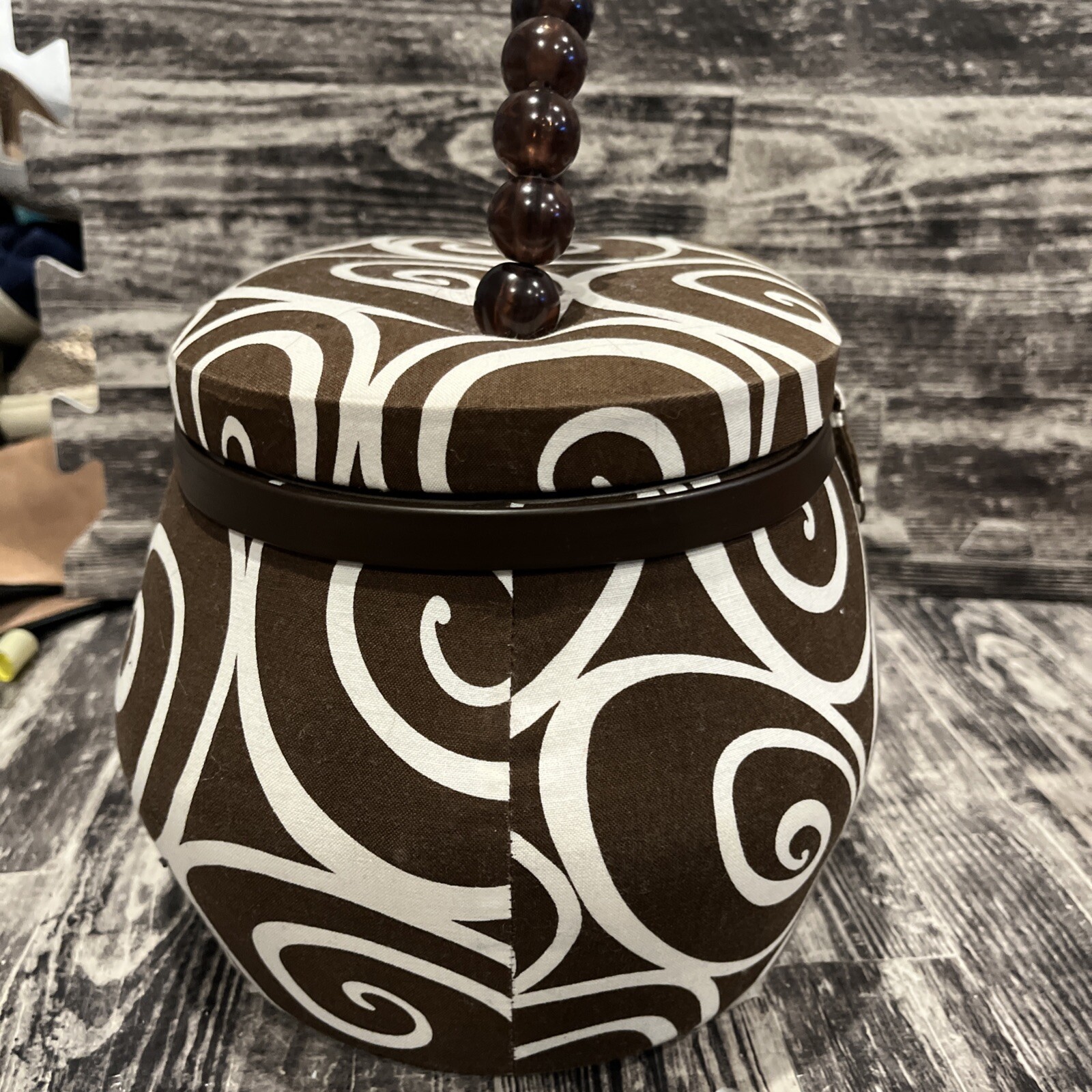 Padded Brown Modern Swirl Print Sewing Box with Fun Beaded Handle