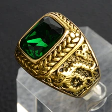 Wheat Tribal Dragon Green CZ Signet Ring Stainless Steel Gold Wedding Biker Ring